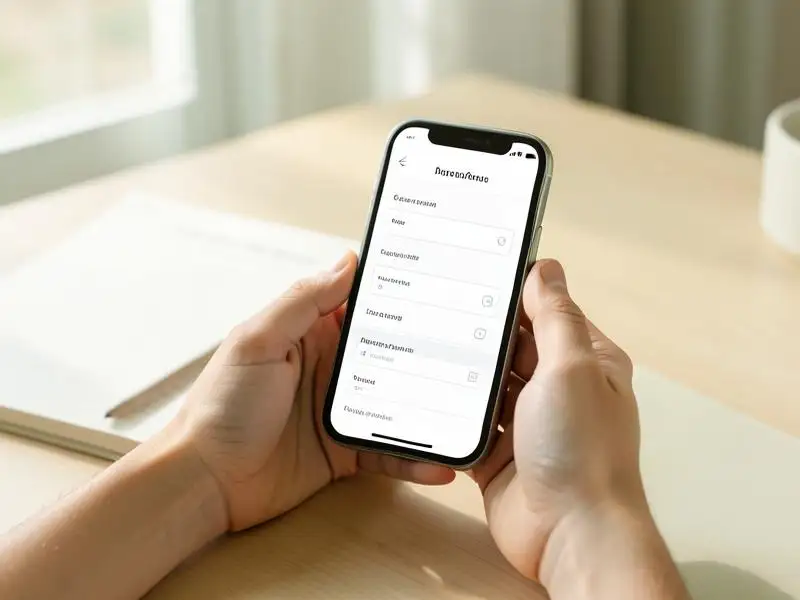 Hands holding a phone showing a short set of questions about hair transplant goals