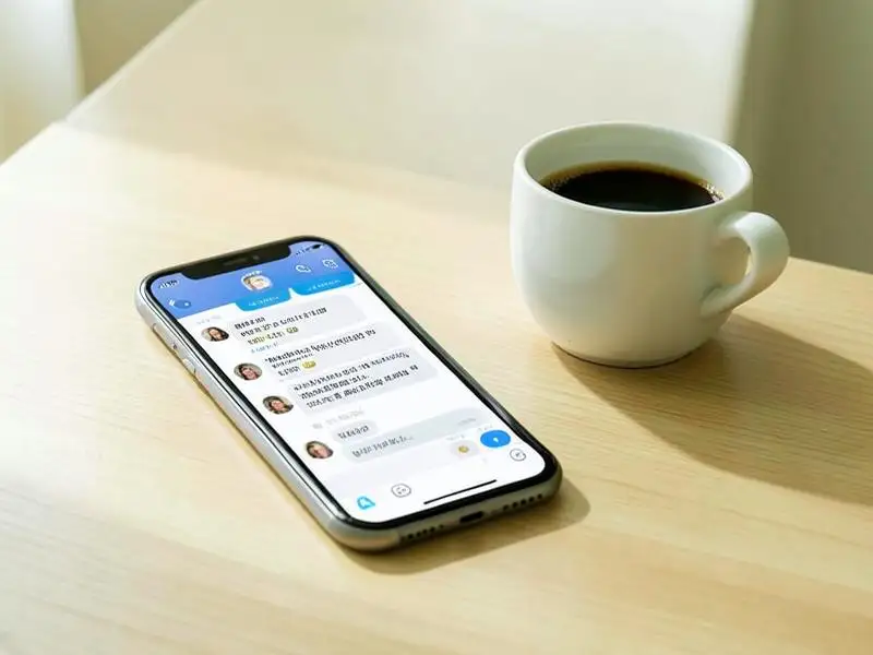 Phone on a table showing a message conversation with a clinic beside a cup of coffee