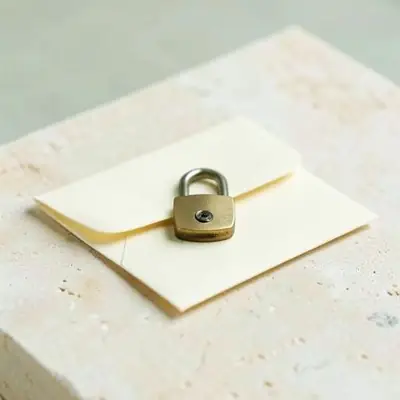 A brass padlock resting on a sealed cream envelope
